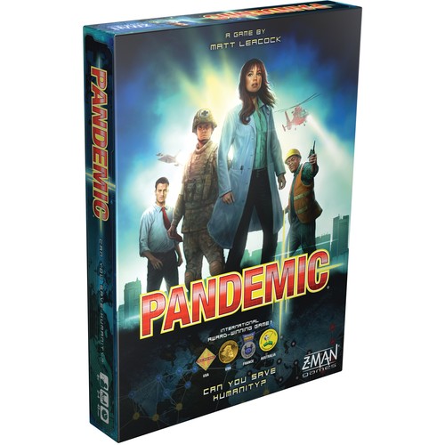 Pandemic board game box by Z-Man Games, featuring illustrated characters on the front cover and spine, photographed on a plain white background.