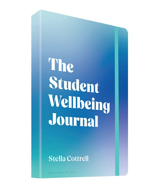 Book titled 'The Student Wellbeing Journal' by Stella Cottrell with a blue gradient cover.